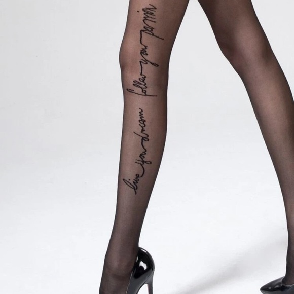 Text Letters Printed Black Sheer Pantyhose Tights NEW 😍❤️‍🔥❤️‍🔥 Sexy One Size - Picture 3 of 3